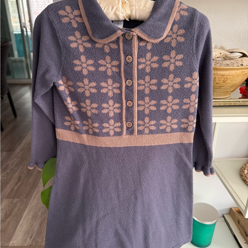 Floral Patterned Kids Casual Dress - Purple and Tan